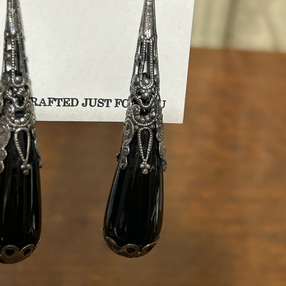 Victorian Style Black Teardrop with intricate Silver finding Earrings - Picture 2 of 3